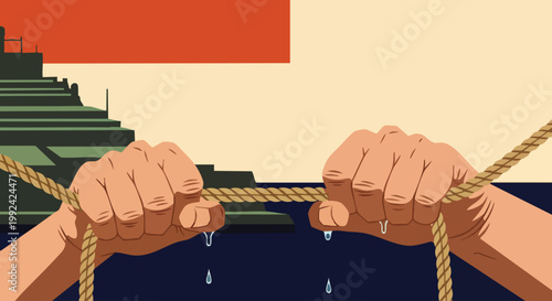 Hands pulling a frayed rope, symbolizing struggle, tension, and breaking points in business or life