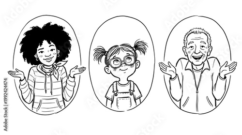 Happy Diverse People Hand-Drawn Line Art Portrait Illustrations - Cheerful Characters with Different Styles and Expressions