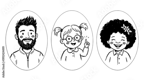 Hand-Drawn Diverse Portrait Avatars - Cheerful Characters with Different Hairstyles and Features
