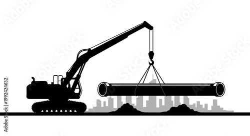 Excavator lifting heavy pipe construction cityscape.