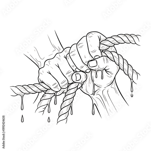 Close-up of two hands tightly gripping a thick rope, with sweat dripping down, symbolizing struggle and effort