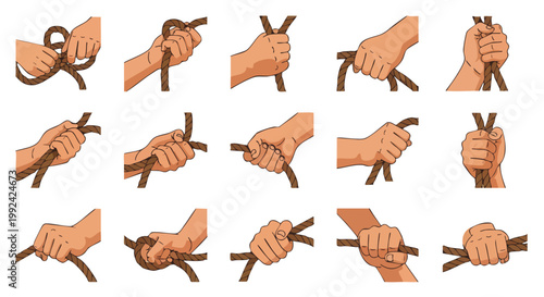 Step-by-step illustration of hands tying a secure knot with rope, showing each stage of the process clearly.