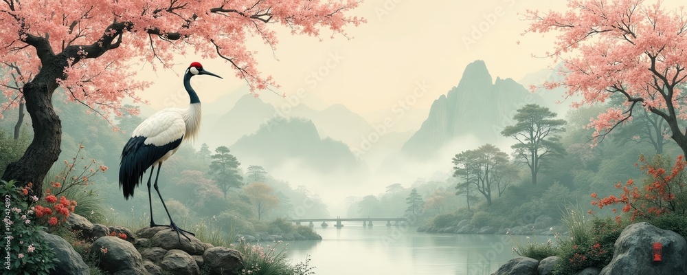 Naklejka premium Elegant red crowned crane stands by tranquil water under pink blooming cherry tree. Misty mountains and forest form serene landscape with bridge.