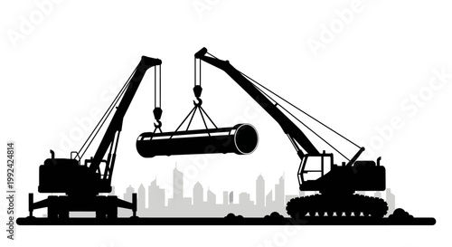 Black silhouette of cranes at construction site.