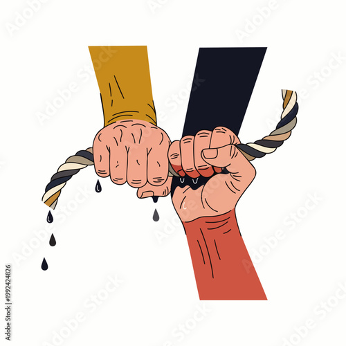 Powerful illustration of diverse hands clenching a rope dripping dark liquid, symbolizing environmental struggle, resource conflict, and global tension.