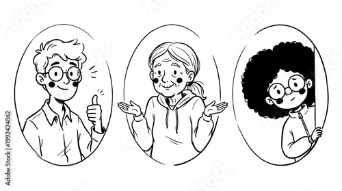 Hand-Drawn Line Art Portrait Set of Three Diverse People Expressing Happiness and Confusion - Sketch Style Character Illustration