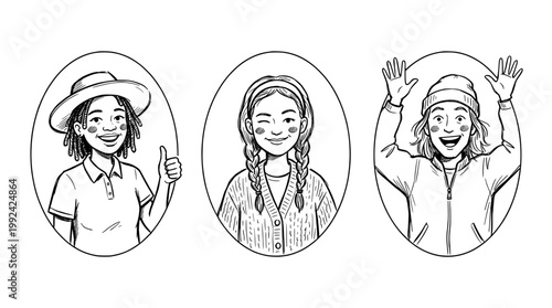 Three Happy Girls Hand-Drawn Line Art Portrait Illustration - Cheerful Diverse Young Women in Casual Outfits