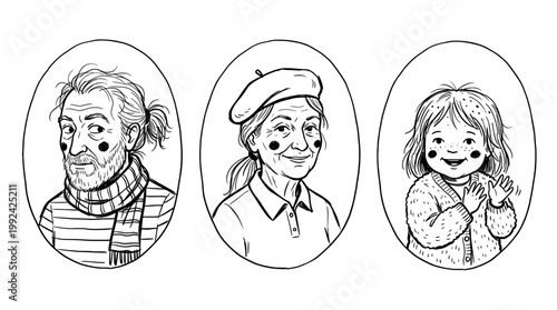 Hand-Drawn Portrait Illustrations of Three Diverse Characters in Sketch Style