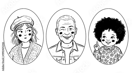 Hand-Drawn Portrait Illustrations of Diverse People - Line Art Style Character Sketches