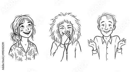 Happy Diverse People Hand-Drawn Line Art Portraits with Joyful Expressions and Gestures