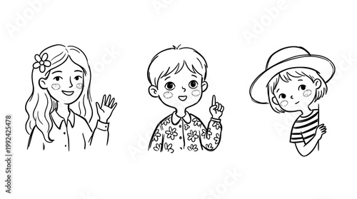 Happy Children Waving - Hand-Drawn Line Art Portrait Illustration of Diverse Kids with Cheerful Expressions