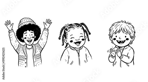 Hand-Drawn Happy Children Celebrating with Joyful Expressions - Black and White Line Art Illustration