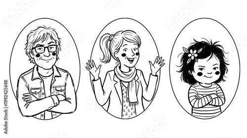 Hand-Drawn Portrait Illustrations of Three Diverse People with Different Styles and Expressions