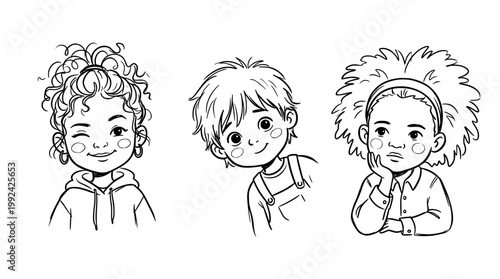 Three Happy Children with Different Hairstyles - Hand-Drawn Line Art Portrait Illustration