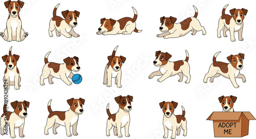 Cute puppy dog character set with different poses, playing, sitting and adoption concept, cartoon pet collection with expressive gestures isolated vector illustration bundle