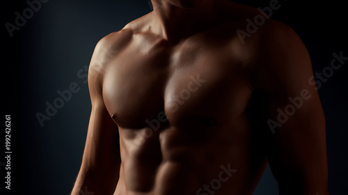 Strong athletic build of a male torso, showing toned muscles and definition, with dark and dramatic lighting highlighting the physique