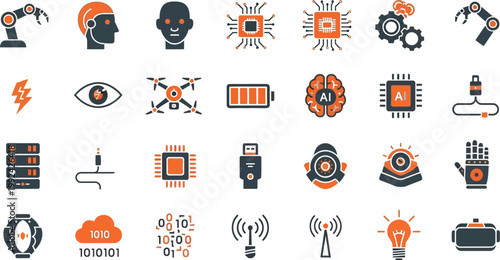 Collection of icons representing various aspects of modern technology and robotics Vector