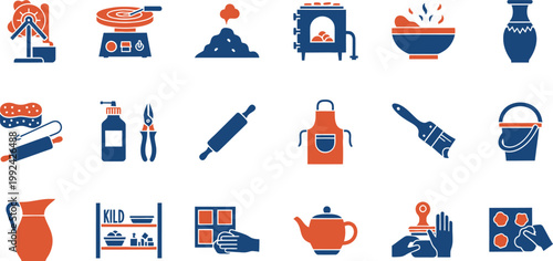 Colorful icons representing various kitchen and cooking tools and appliances Vector