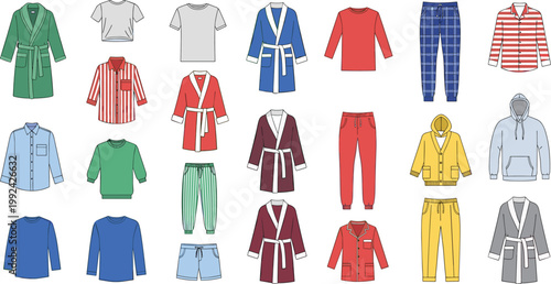 Sleepwear clothing collection with pajamas, robes, shirts and hoodies, comfortable home apparel set, casual nightwear outfit designs in flat vector illustration bundle