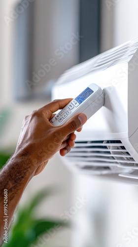 Hand holding an air conditioning remote control, adjusting settings for cooling comfort and home climate regulation, symbolizing temperature control, energy saving, and modern living