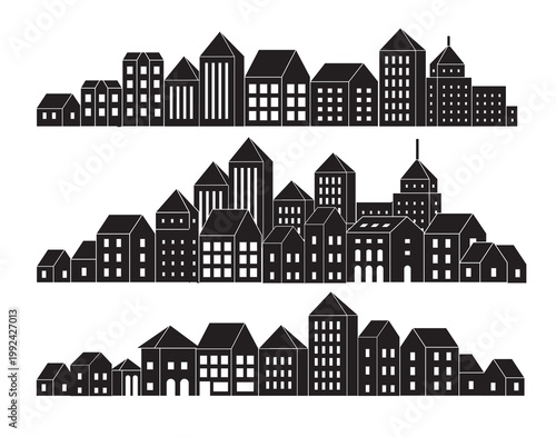 Minimal Black City Skyline Silhouette Set With Urban Buildings and Row Houses
