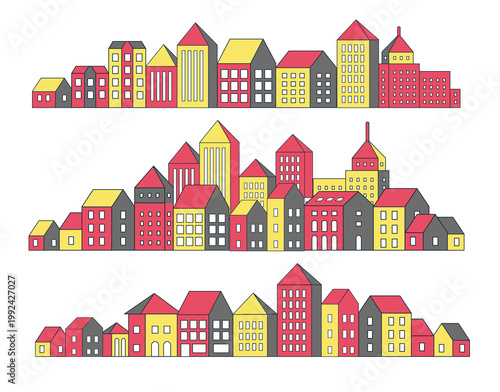Colorful Flat City Skyline With Stylized Buildings in Rows Urban Landscape
