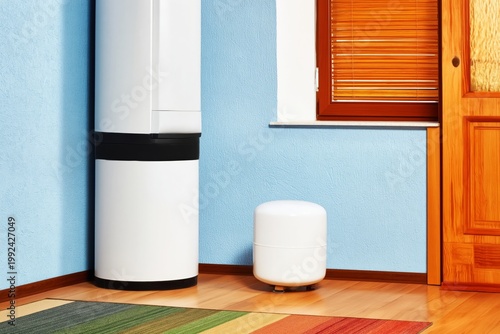 Modern Interior Design Featuring a Sleek White Cabinet and Blue Walls in a Bright Living Room