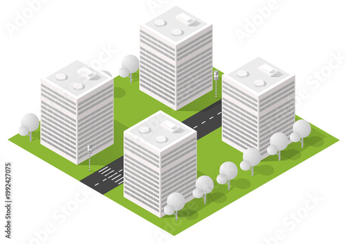 Isometric City Office Buildings Block With Road, Trees and Modern Business