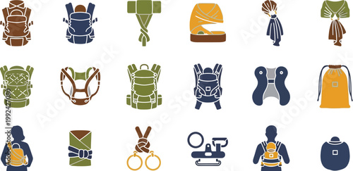 Diverse collection of backpacks, bags, and carrying equipment icons Vector