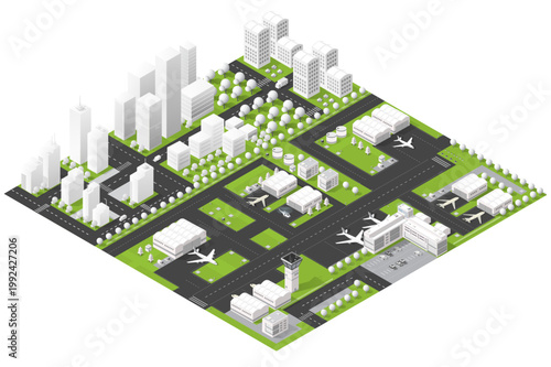 Isometric illustration of an airport integrated into an urban city layout showing runways, terminals, control tower, airplanes, roads and surrounding buildings conveying transportation, logistics and 