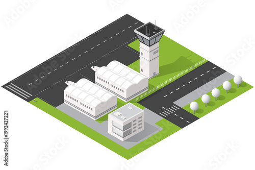 Isometric illustration of an airport complex featuring a control tower, twin hangars, runway intersection and terminal building on landscaped grounds, conveying aviation, transport and infrastructure 