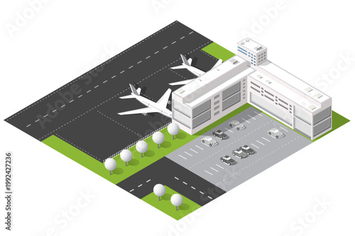 Isometric illustration of a modern airport terminal with commercial airplanes parked at gates, adjacent runway and passenger parking lot. Concept conveys aviation, travel, transportation, logistics an
