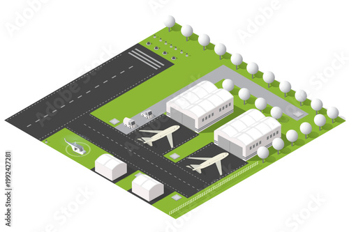 Isometric vector illustration of a small airport complex featuring two hangars, a parked airplane and helicopter, runways, fuel tanks and office buildings set in landscaped grounds for aviation and tr