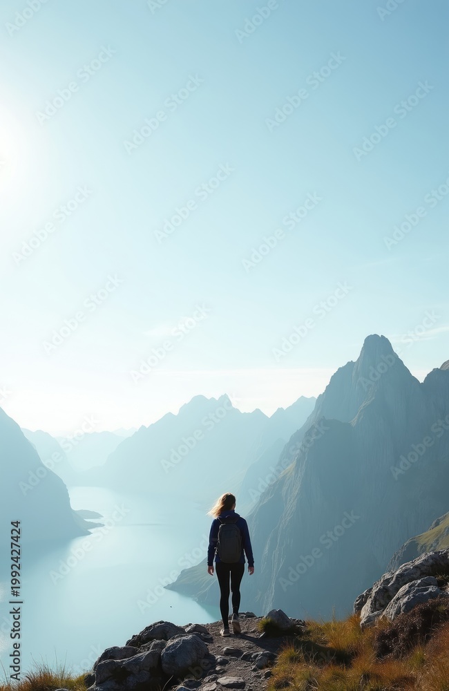 Fototapeta premium Woman hiker walks on rocky cliff edge overlooking calm blue water fjord in Norwegian mountains. Female traveler enjoys scenic vista, summer adventure, active holiday, solo journey.