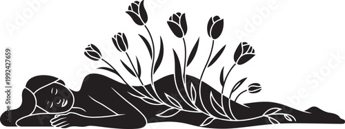 Lying girl with tulips sprouting through her body. black art icon drawing vector