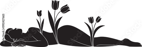 Lying girl with tulips sprouting through her body. black art icon drawing vector