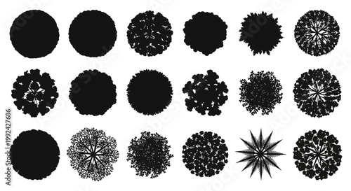 Collection of various black circular shapes and patterns on white background.
