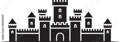 medieval castle with multiple towers and battlements white desi. black icon drawing vector