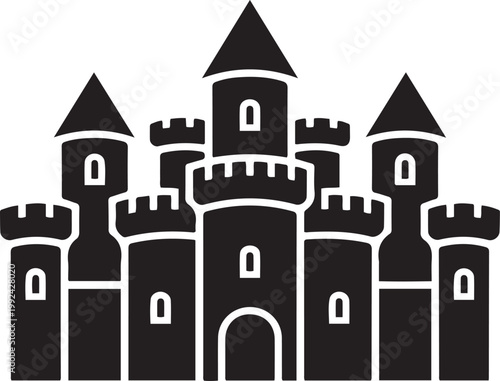 medieval castle with multiple towers and battlements white desi. black icon drawing vector