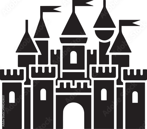 medieval castle with multiple towers and battlements white desi. black icon drawing vector