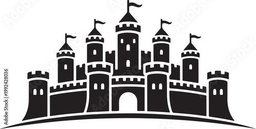 medieval castle with multiple towers and battlements white desi. black icon drawing vector