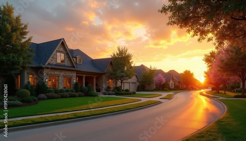 Suburban street with upscale houses at sunset. Golden hour light reflects on the curved road. Manicured lawns and trees line the quiet neighborhood, showcasing residential comfort.