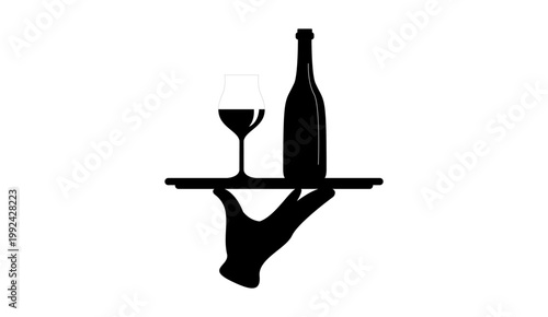 Waiter Hand Holding Tray with Wine Bottle and Glass Silhouette Vector Icon Isolated on White Background 