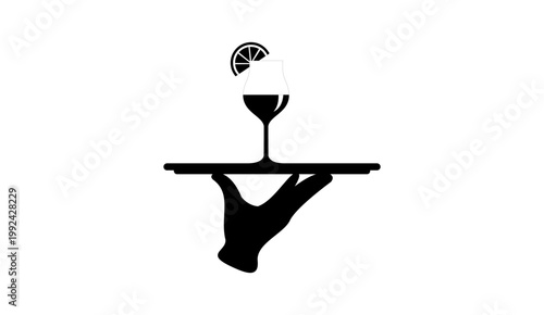 Waiter Hand Holding Tray with Wine Glass and Lemon Slice Silhouette Vector Icon Isolated on White Background