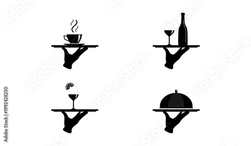 Waiter Hand Serving Food and Drinks Icon Set Silhouette Vector Collection Isolated on White Background