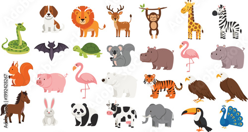 Wild and farm animals vector collection with lion, elephant, panda, zebra, giraffe and more, cute cartoon wildlife characters set for kids education illustration