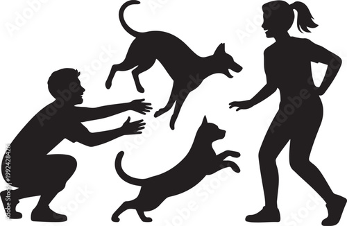 Black silhouette of two people with a dog and a cat in a playful scene playing. black icon drawing vector