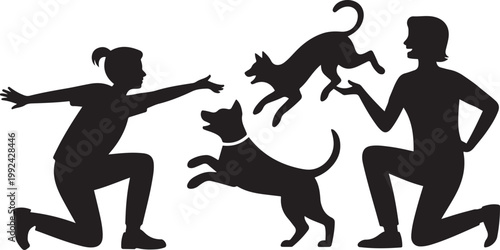Black silhouette of two people with a dog and a cat in a playful scene playing. black icon drawing vector