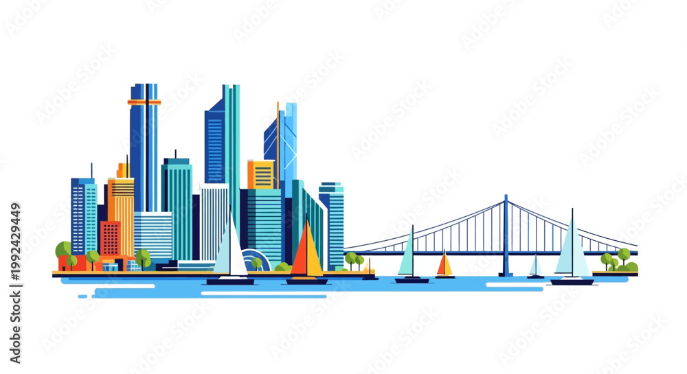 Obraz premium Vibrant city skyline with modern skyscrapers and bridge.