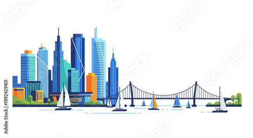 City skyline with bridge and boats.